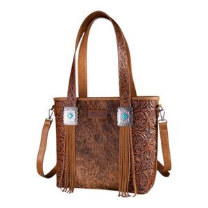 Wrangler Concealed Carry Tote Hair-on Cowhide Fringe Tooled Crossbody Bag Purse